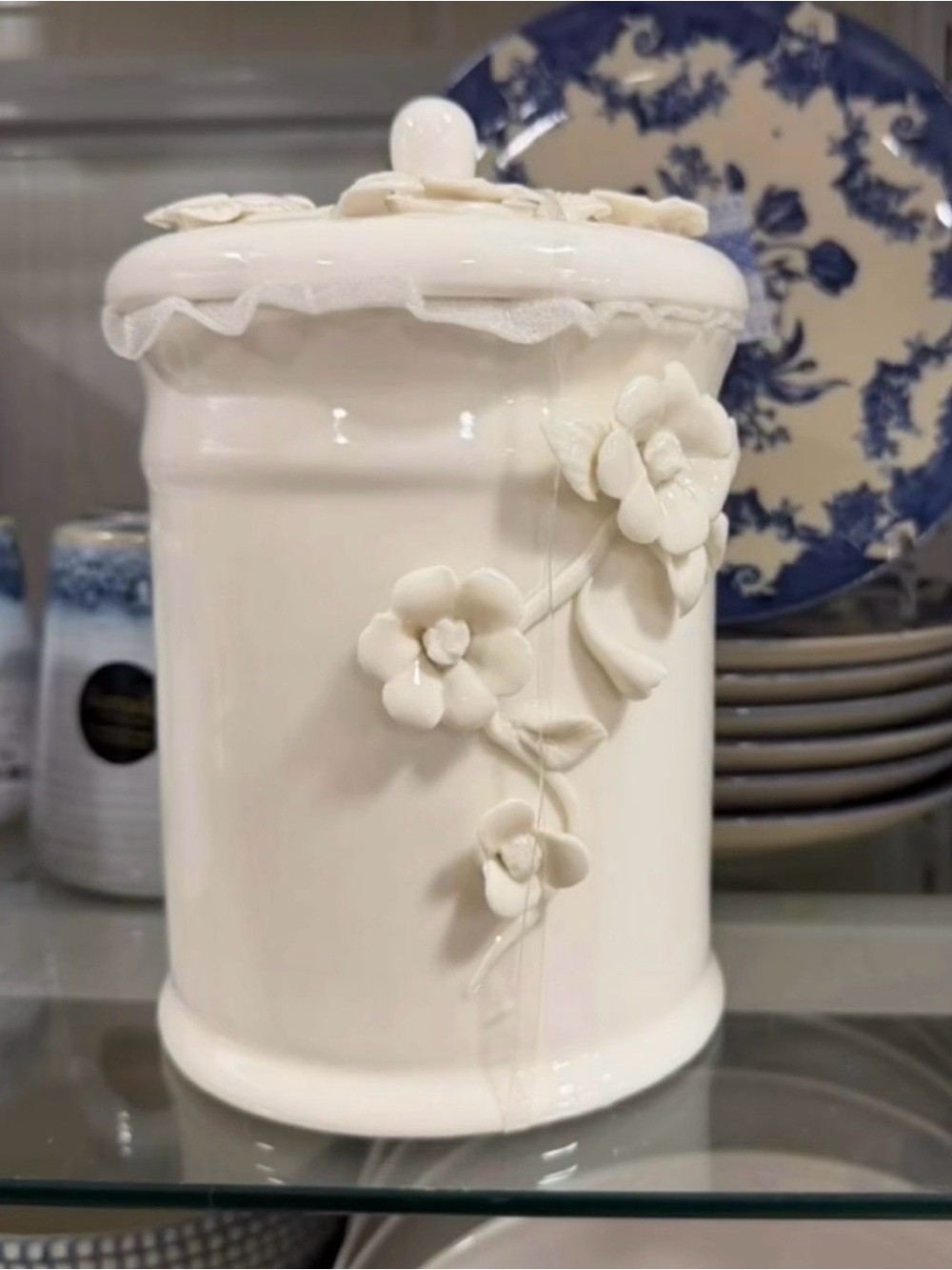 White Floral Ceramic Canister with 3D Flowers